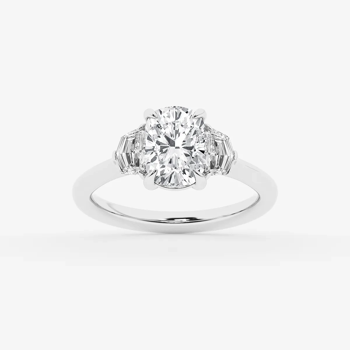 2 Elongated Lab Grown Diamond Three Stone Engagement Ring with Epaulette Cut Side Stones, E, | Certified, Center