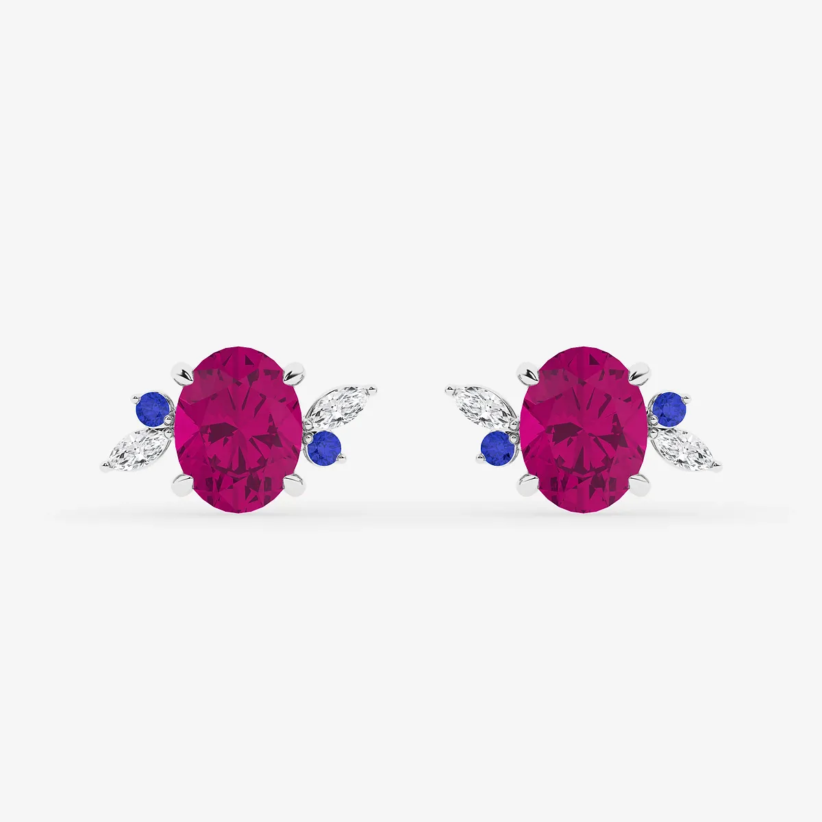 6 Cut Created Pink Sapphire and Lab Grown Diamond Nature Inspired Motive Stud Earrings with Blue Sapphire