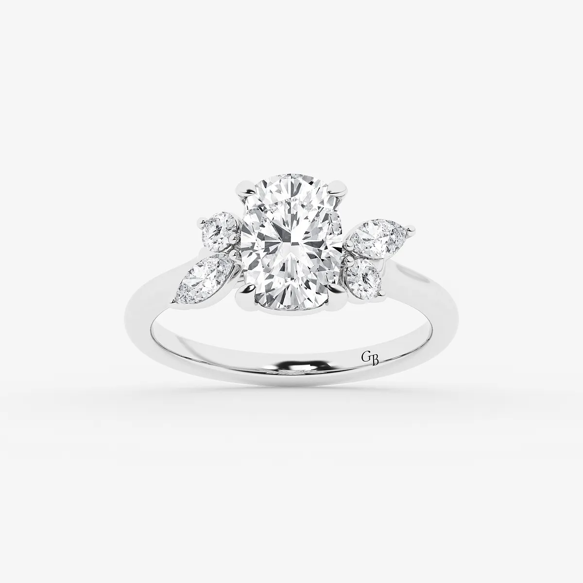 Anthem 5 Elongated Lab Grown Diamond and Floral Side Stone Engagement Ring, E